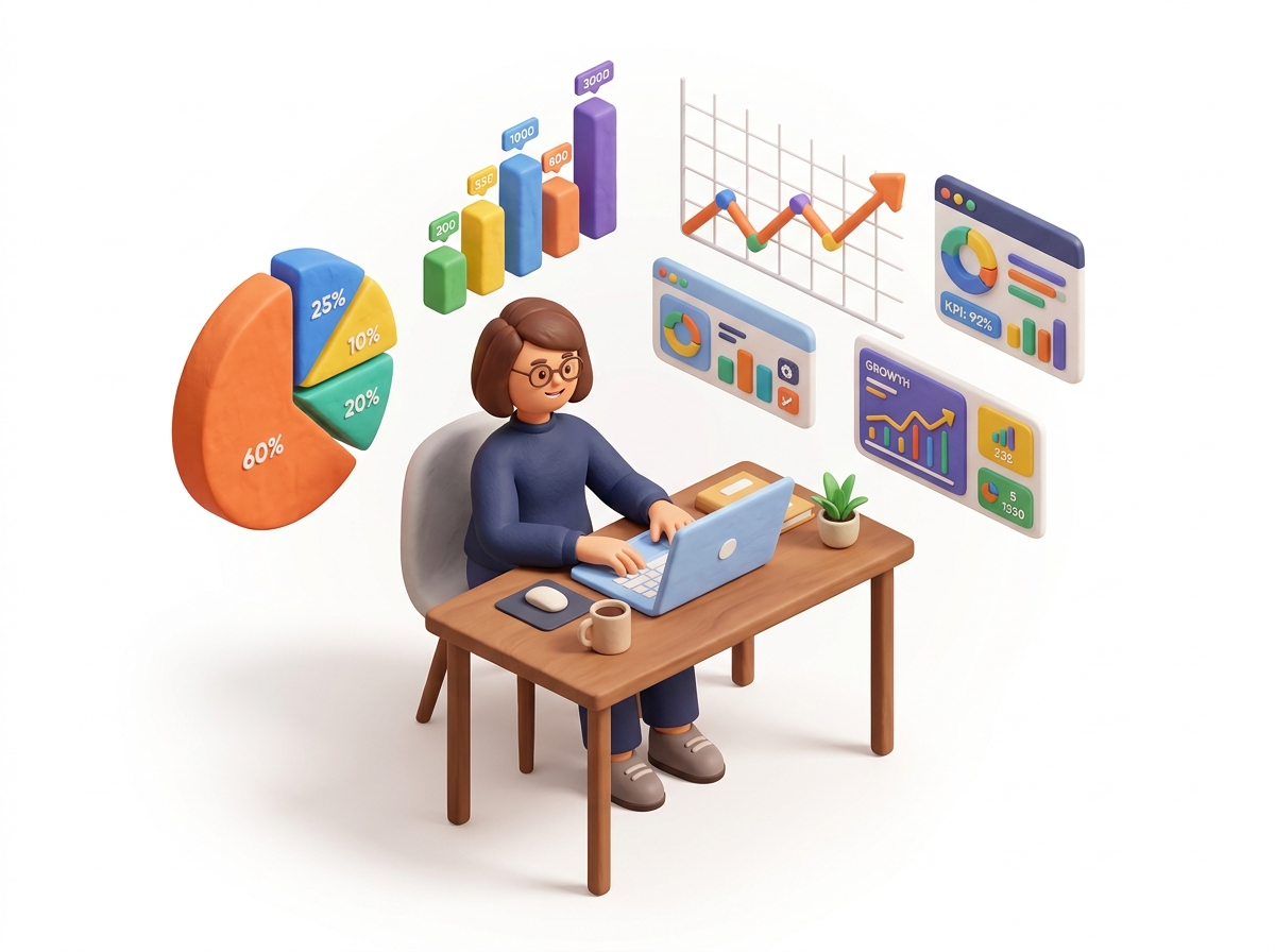 3D Character managing partner analytics and charts