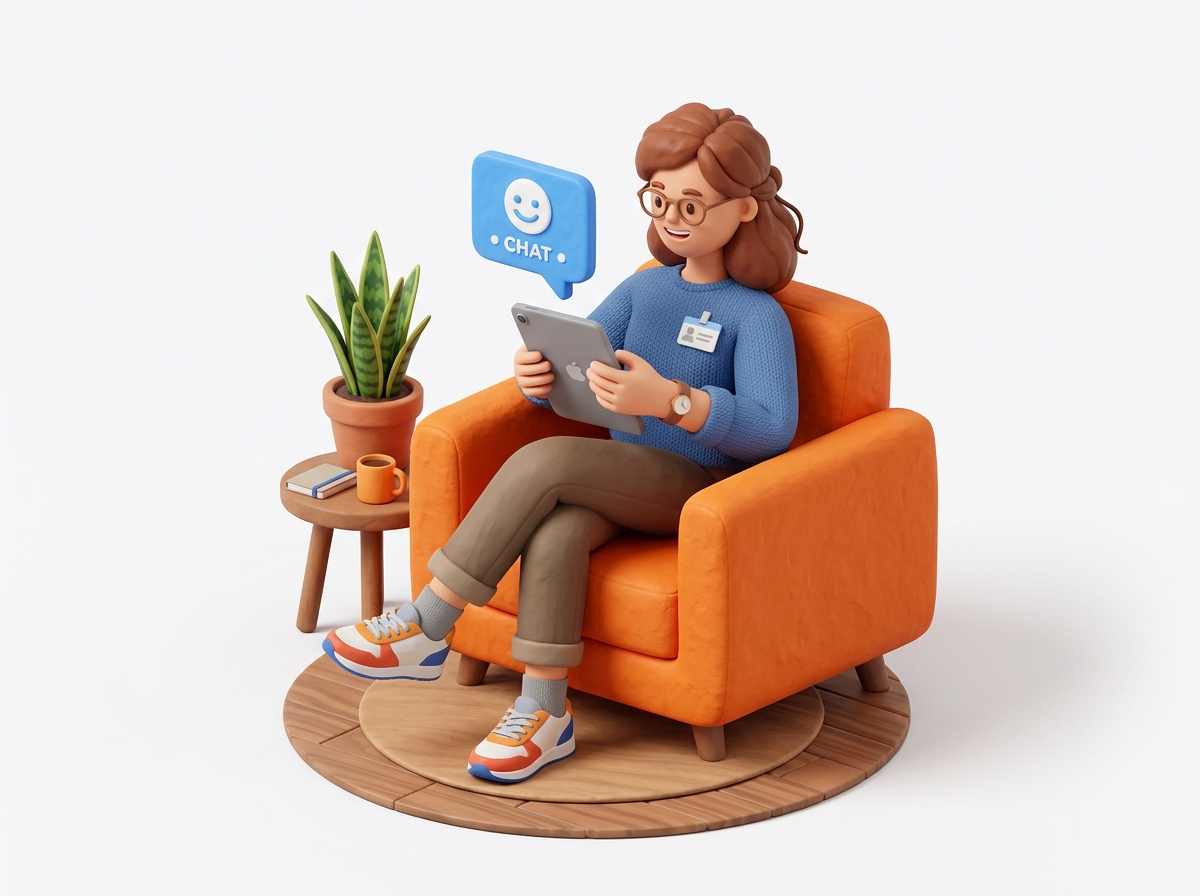 3D Character relaxing on armchair and referring friends